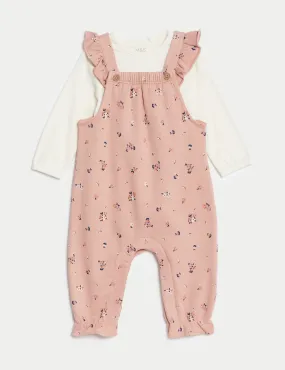 2pc Cotton Rich Floral Dungaree Outfit