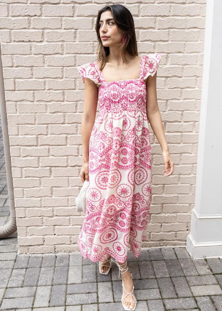 Balboa Embroidered Eyelet Flutter Sleeve Midi Dress