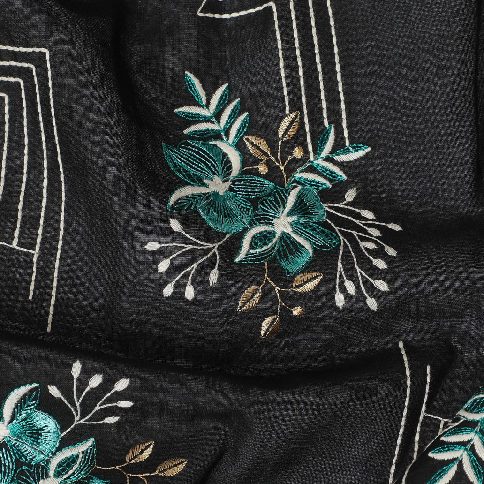 Black premium pure cotton voile fabric with multicolor embroidery in floral design-D13611
