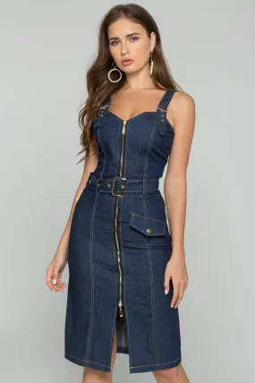 Blue Denim Belt Strap Front Zipper Sundress
