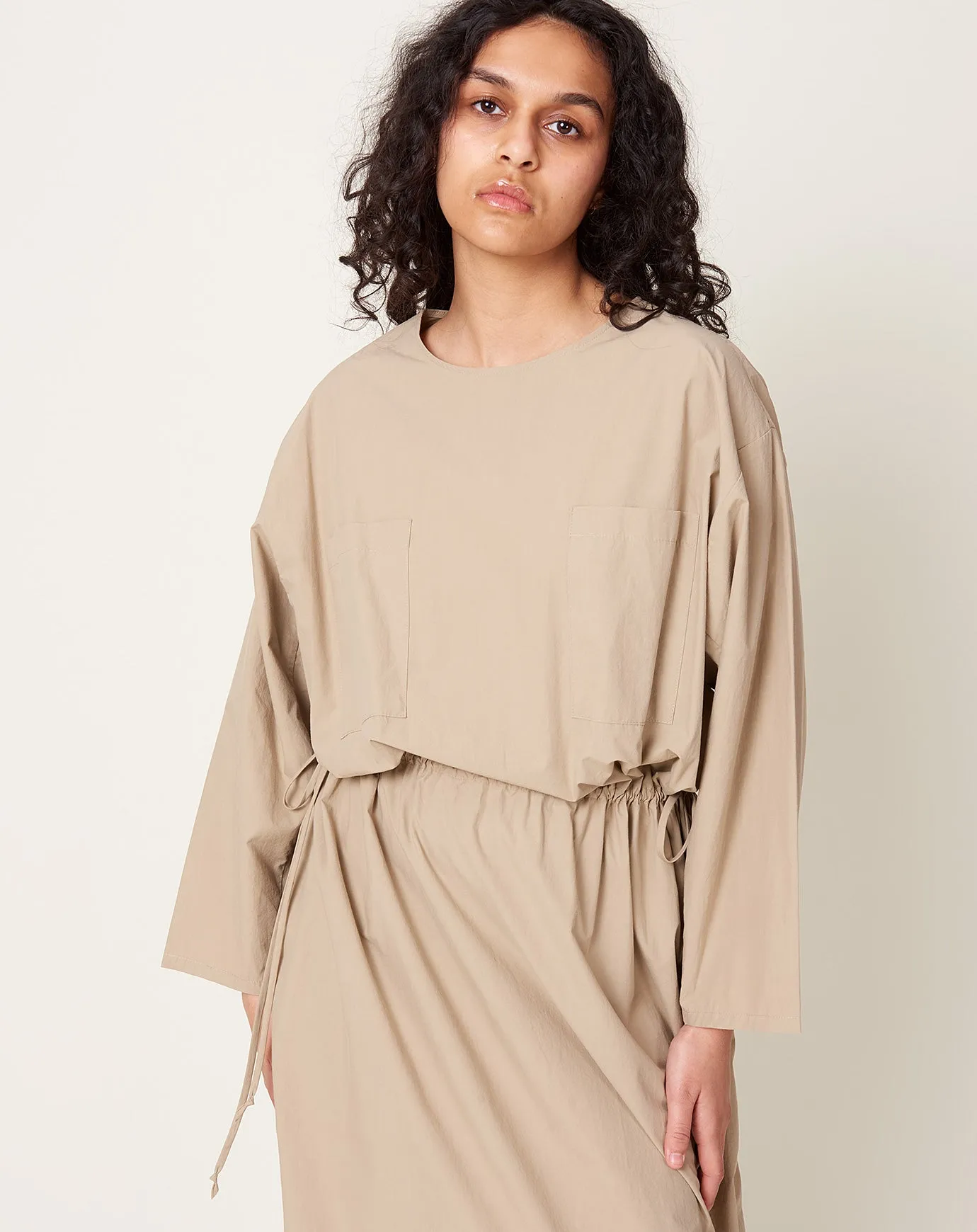 Drawstring Slouch Pocket Dress in Taupe