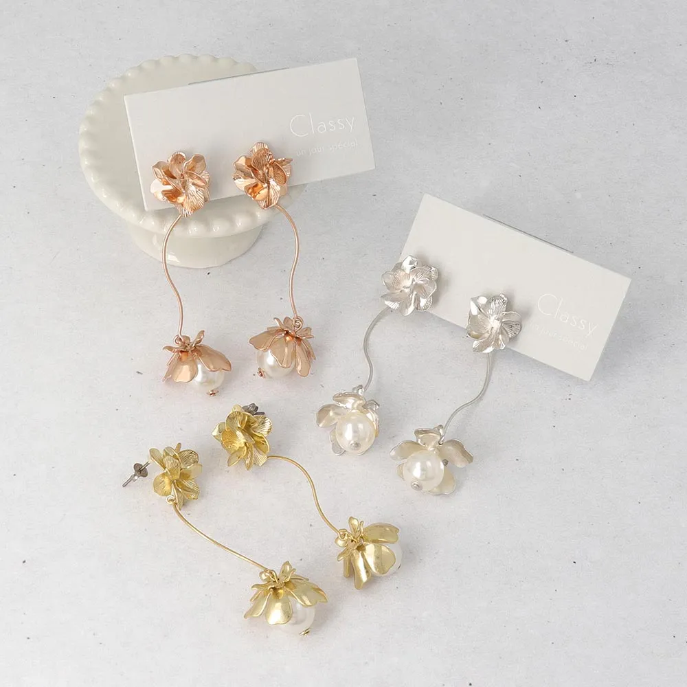 Flower Pearl Linear Earrings