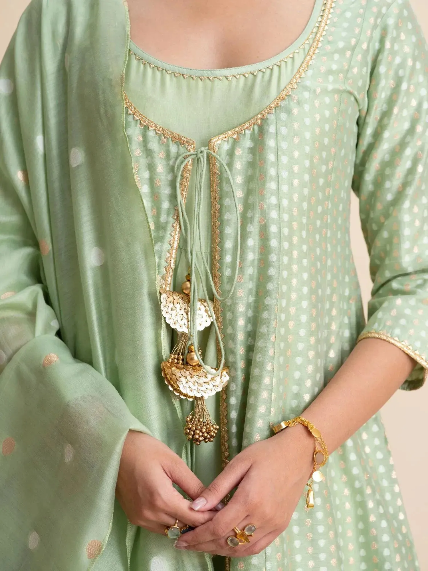 Green Self Design Silk Anarkali Kurta With Palazzos & Dupatta