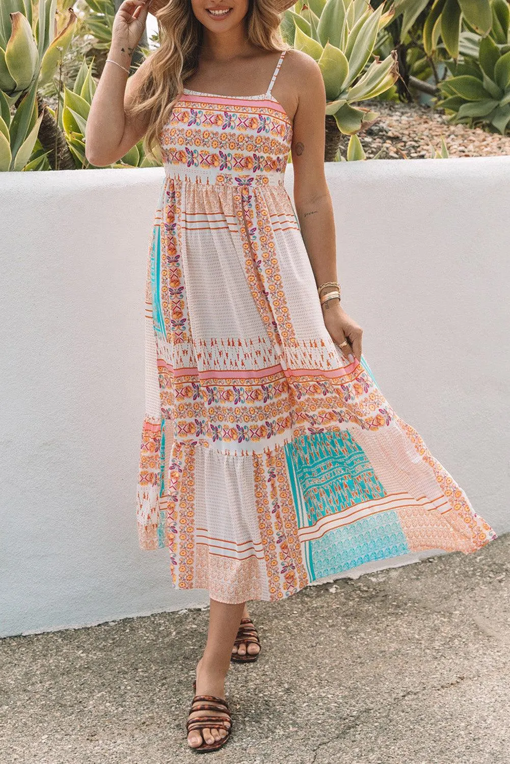 Hawaiian Multicolor Boho Patchwork Print Square Neck Sundress for Women