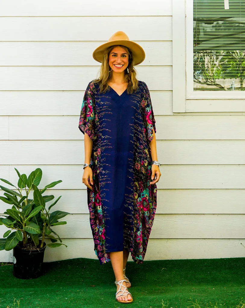Navy Blue Floral Kimono Kaftan Dress