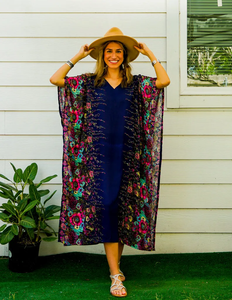 Navy Blue Floral Kimono Kaftan Dress