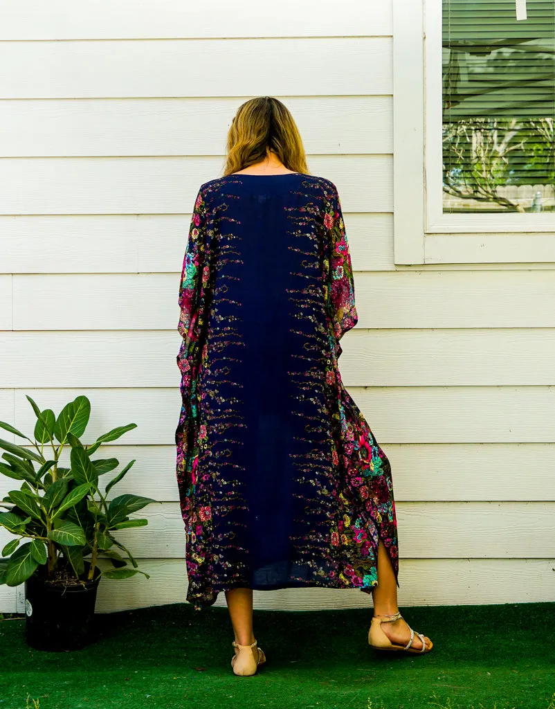 Navy Blue Floral Kimono Kaftan Dress