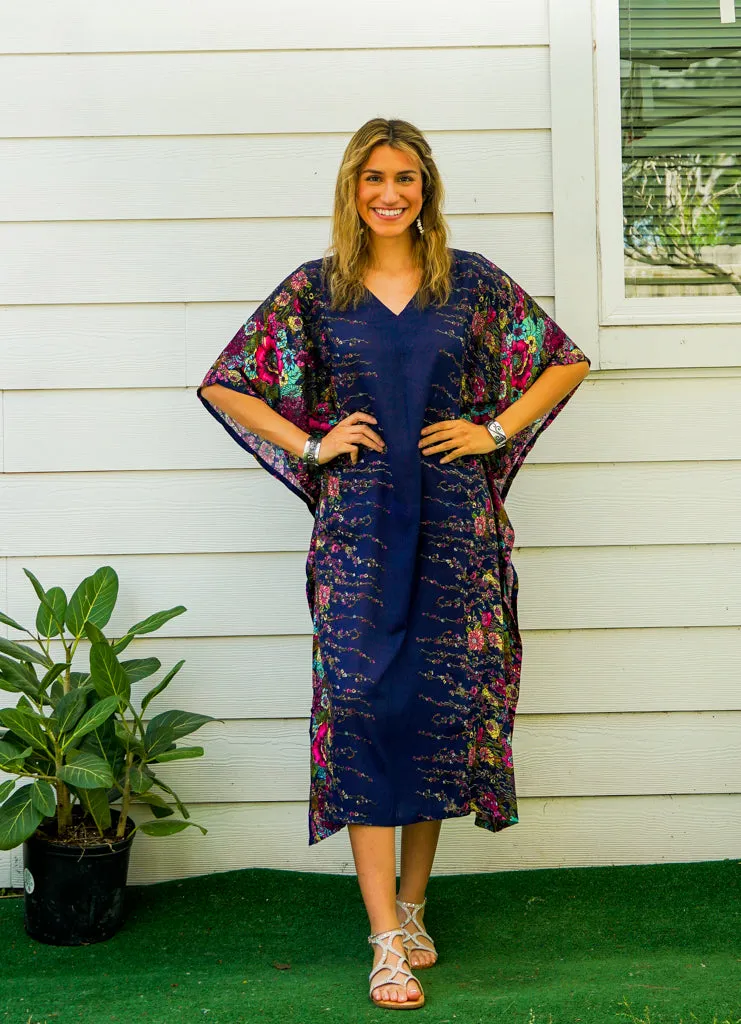 Navy Blue Floral Kimono Kaftan Dress
