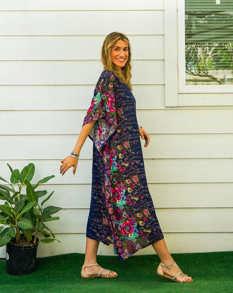 Navy Blue Floral Kimono Kaftan Dress