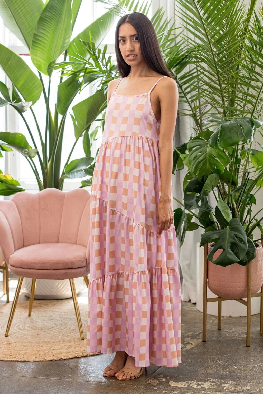 Nina's Dreamy Gingham Maxi Dress - Pink