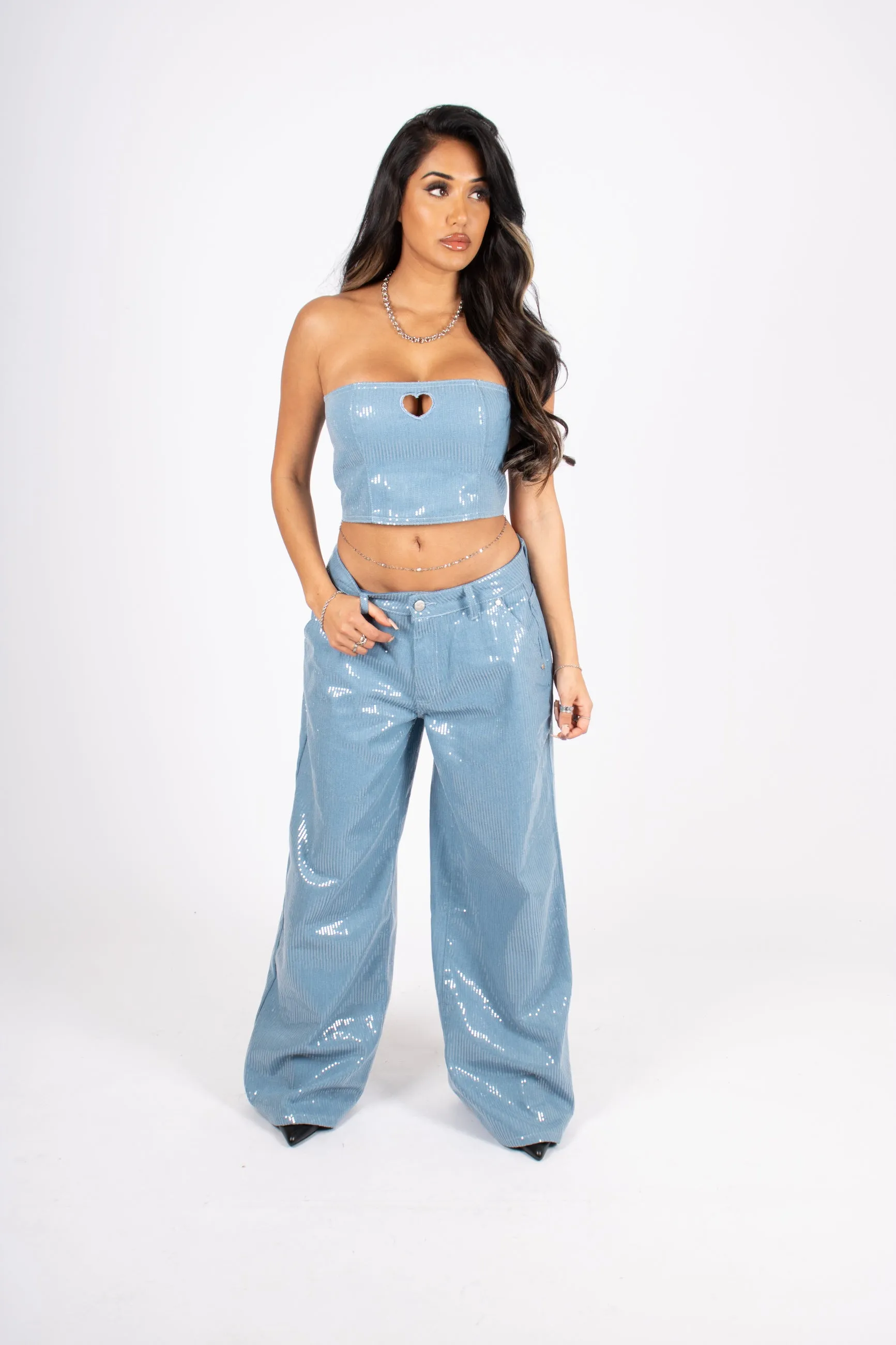 Sequin Blue Denim Bandeau Cut Out Heart Crop Top
