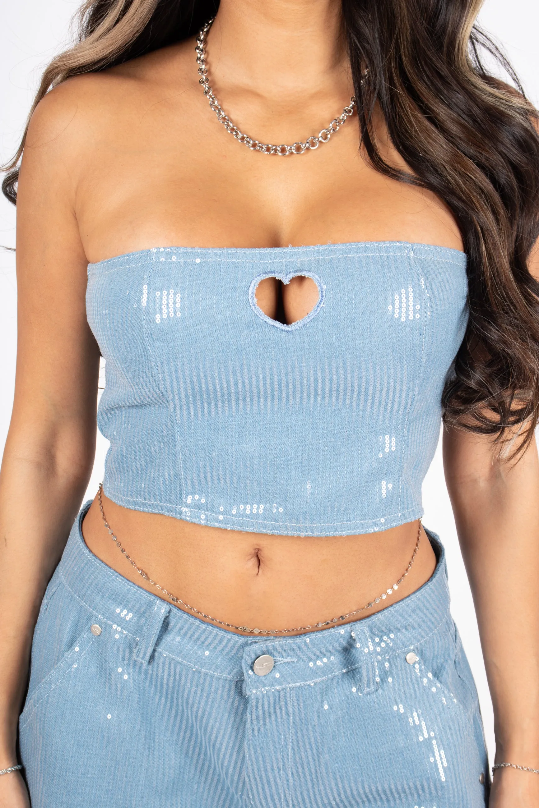 Sequin Blue Denim Bandeau Cut Out Heart Crop Top