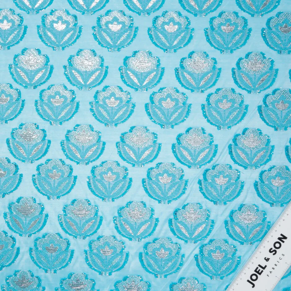 Silver Metallic Floral Jacquard Turquoise Organza