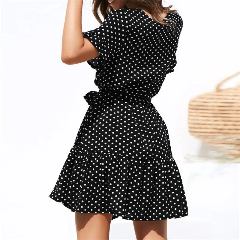 Women Beach Dress Casual Short Sleeve Polka