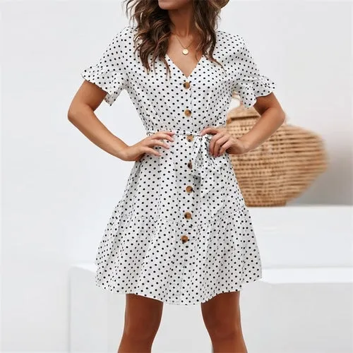 Women Beach Dress Casual Short Sleeve Polka